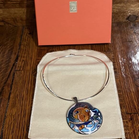 James Avery Hammered Sterling Collar Necklace Signed Champleve Sterling Pendant - Picture 1 of 16